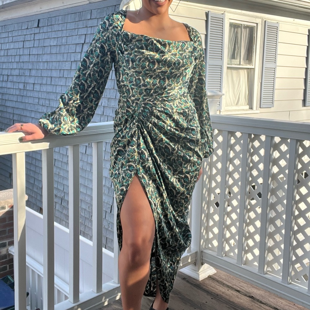 Draped Collar Ruched Split Thigh Tie Back Satin Dress